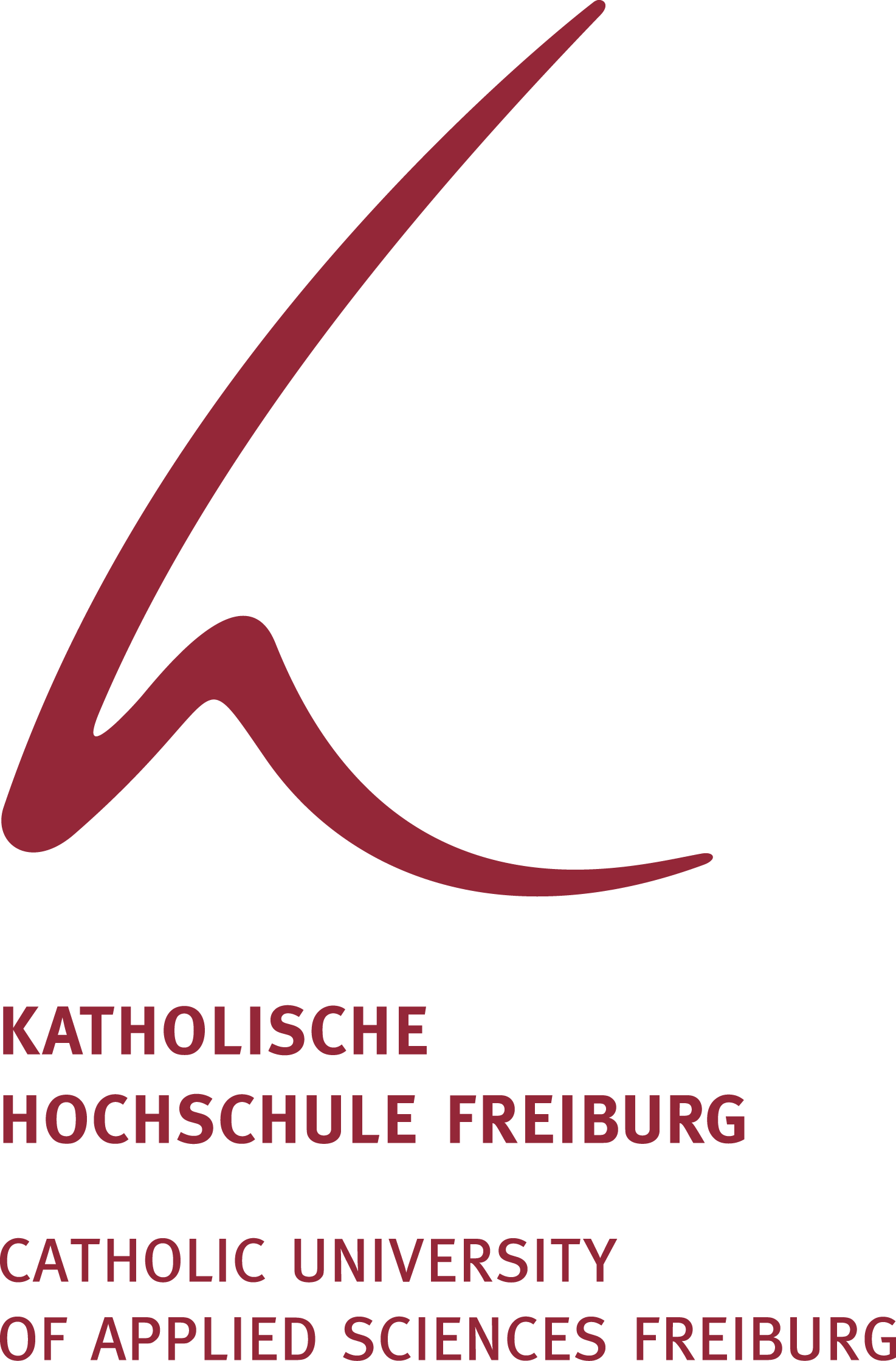 Logo der Katholischen Hochschule Freiburg. Das Bild zeigt ein stilisiertes rotes „K" sowie den Schriftzug „Katholische Hochschule Freiburg" und die englische Bezeichnung „Catholic University of Applied Sciences Freiburg".